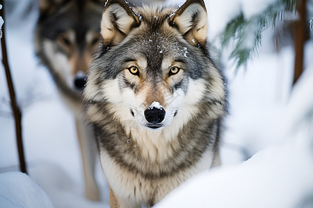 两只狼在雪地里图片