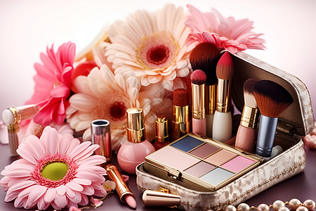 粉色花朵与化妆品图片