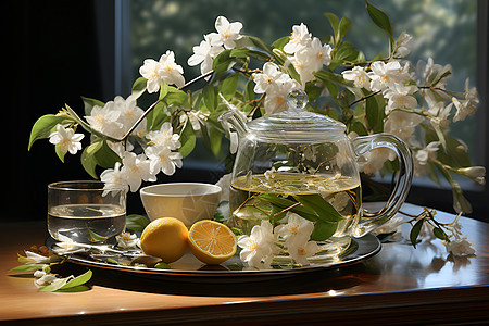 中国茶艺和花卉背景图片