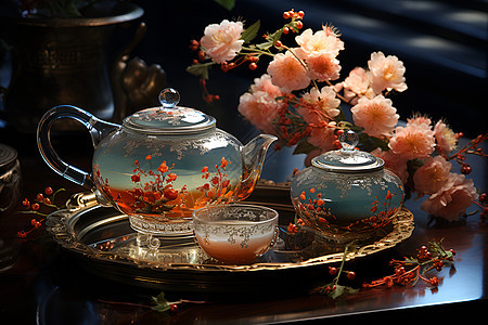 华美茶具和花朵图片