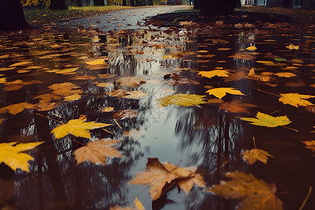 金秋微雨的落叶景观背景图片