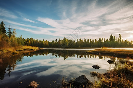 秋日晨曦的湖泊景观图片