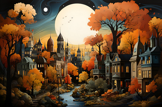 秋日彩绘的小镇插图图片