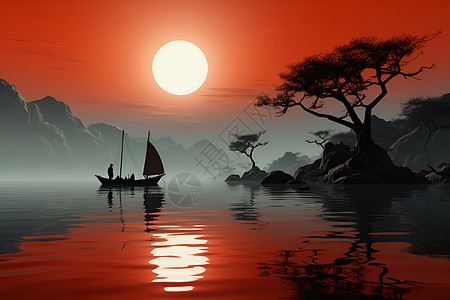 中式古风的泛舟场景图片