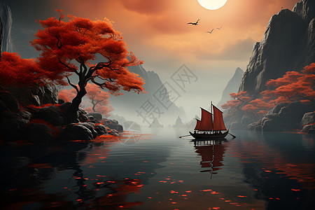 古风美感的中式游船背景图片