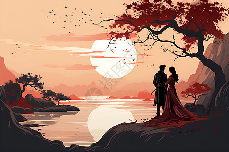 夕阳下湖畔情侣背景图片