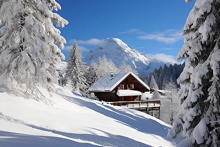 雪山上的木屋图片