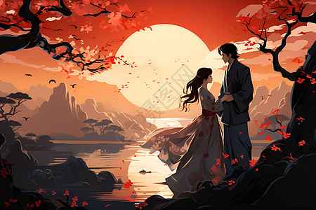 夕阳相依湖畔的情侣背景图片