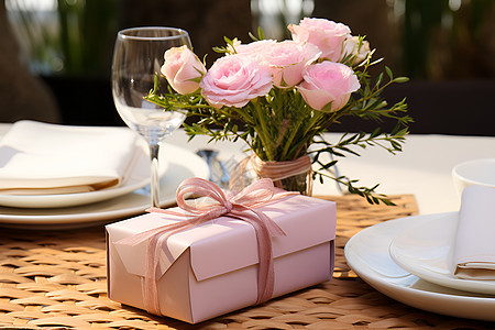 浪漫礼物及玫瑰花装饰的餐桌背景图片