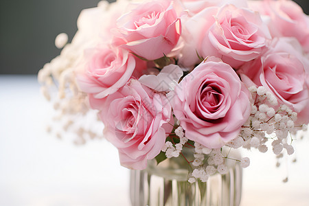 桌上的花瓶插满粉色花朵图片