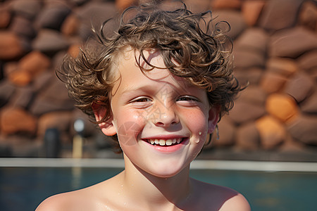一个快乐的男孩在泳池旁笑对镜头图片