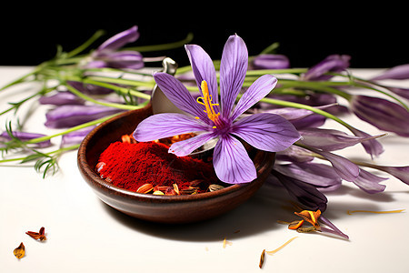 一碗红色粉末和紫色花朵图片