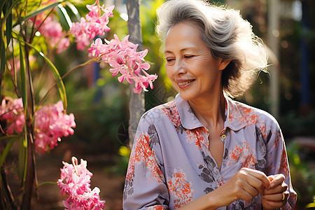 花前微笑的老年女人图片