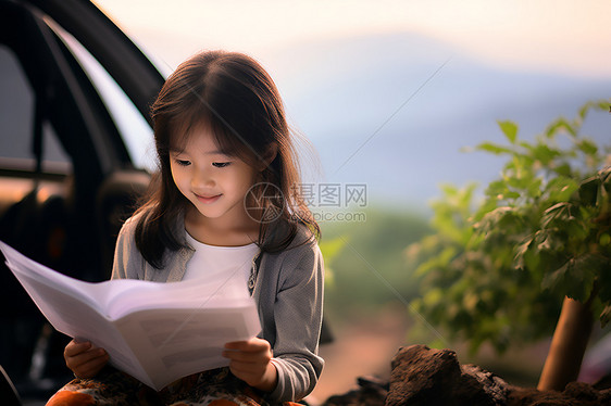 山野中学习小女孩图片