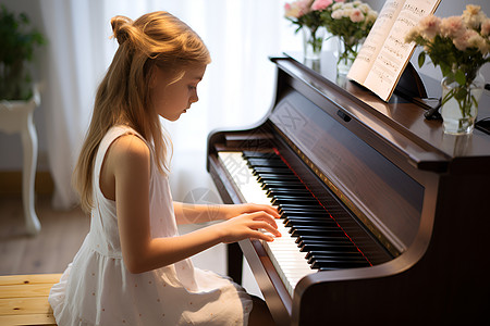 优雅弹奏钢琴的小女孩背景图片
