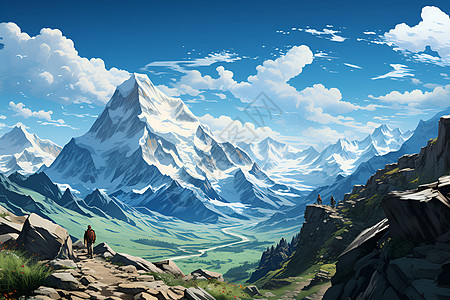 徒步旅行的珠穆朗玛峰油画插图图片