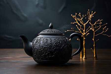 木桌上的精美茶壶图片