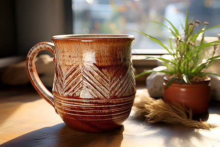 盆栽旁的原始陶瓷杯图片
