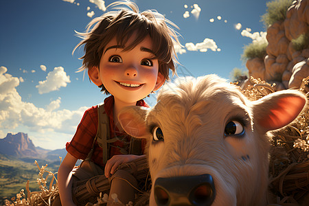 天空下骑小牛的男孩背景图片