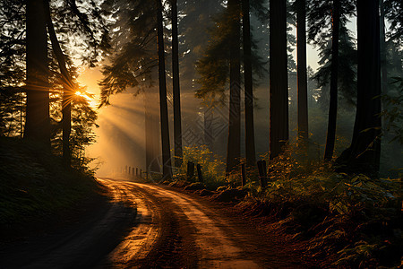 红木森林中阳光照耀图片