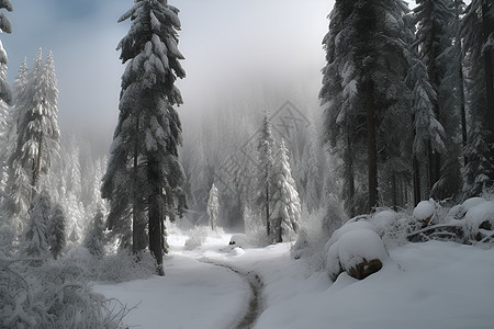 白雪皑皑的冬日丛林景观图片