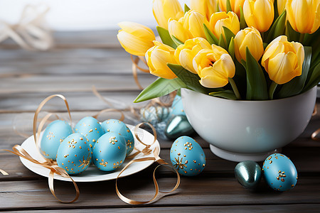 桌子上的彩蛋和郁金香图片