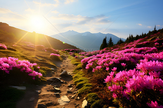 日出山间的美丽花海图片