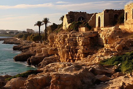 古城遗址与海相伴图片