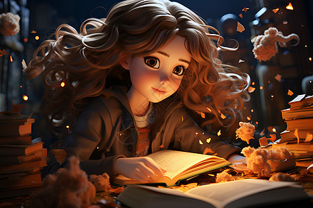 看书的动漫女孩背景图片
