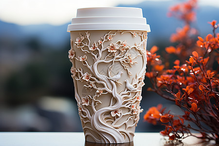 红色花朵旁的咖啡杯图片