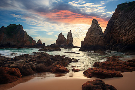 日出时岩石海滩的美丽景观图片