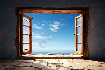 大海与天空的窗景图片