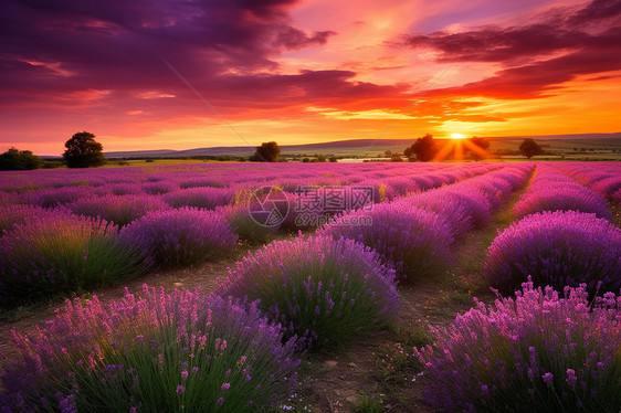 夕阳下的紫色薰衣草田野图片