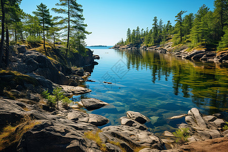 湖畔山岩碧水蓝天的美丽景观背景图片