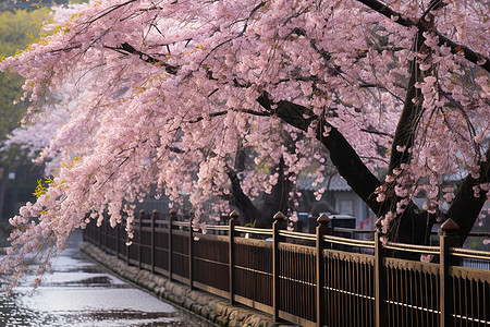 樱花河畔的美丽景观背景图片