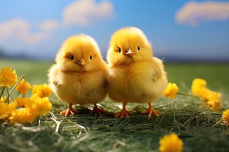 两只小鸡在草地上图片