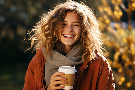 手拿咖啡杯的微笑美女背景图片
