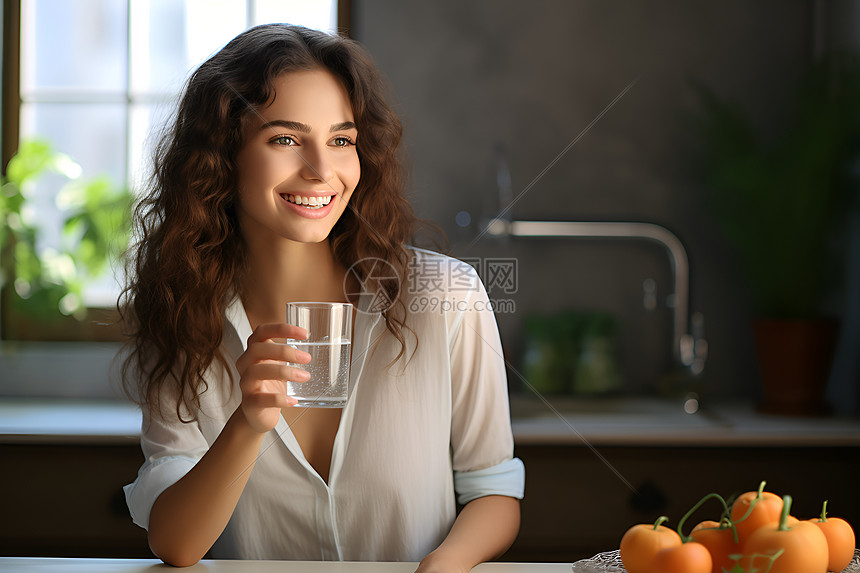 一位女士在喝水图片