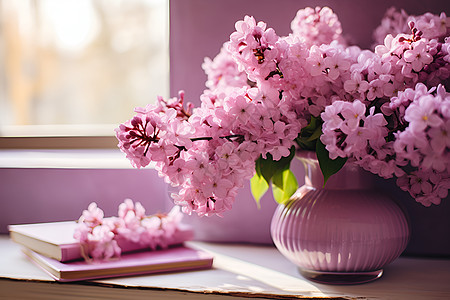 窗前上的一束粉色花朵图片