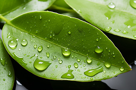 鲜嫩绿叶上的水滴背景图片