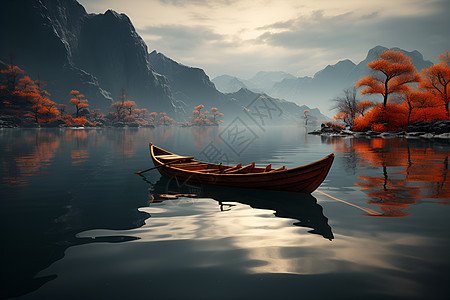 秋日湖面漂浮的小船图片