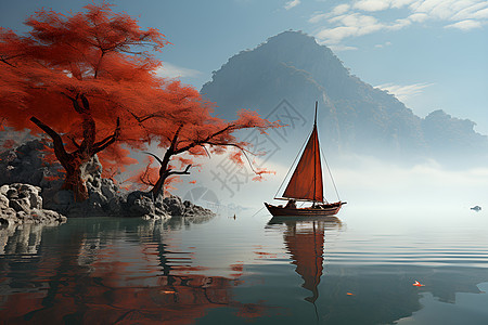 湖面漂浮的小船图片