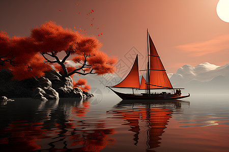 湖中央的帆船背景图片