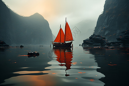 宁静湖面一艘红帆船图片