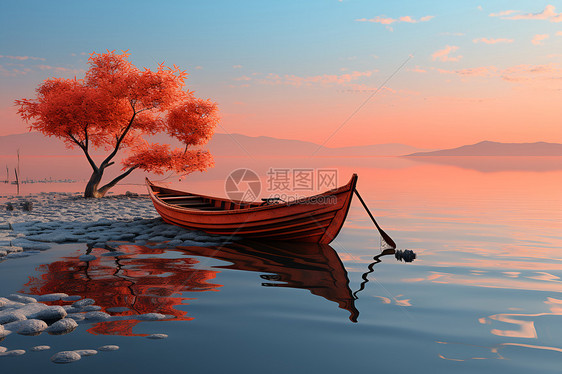 湖面一只橙色船图片