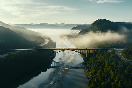 云雾缭绕的山谷桥梁图片