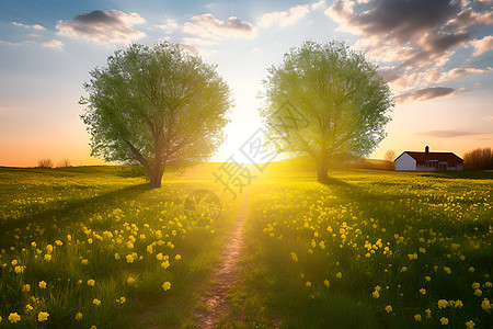 两颗树间的夕阳图片