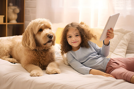 床上的女孩和小狗图片