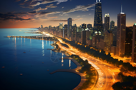 湖光夜色下的城市背景图片