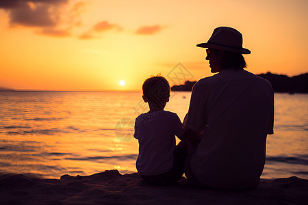 海边父子户外看日落的父子背景